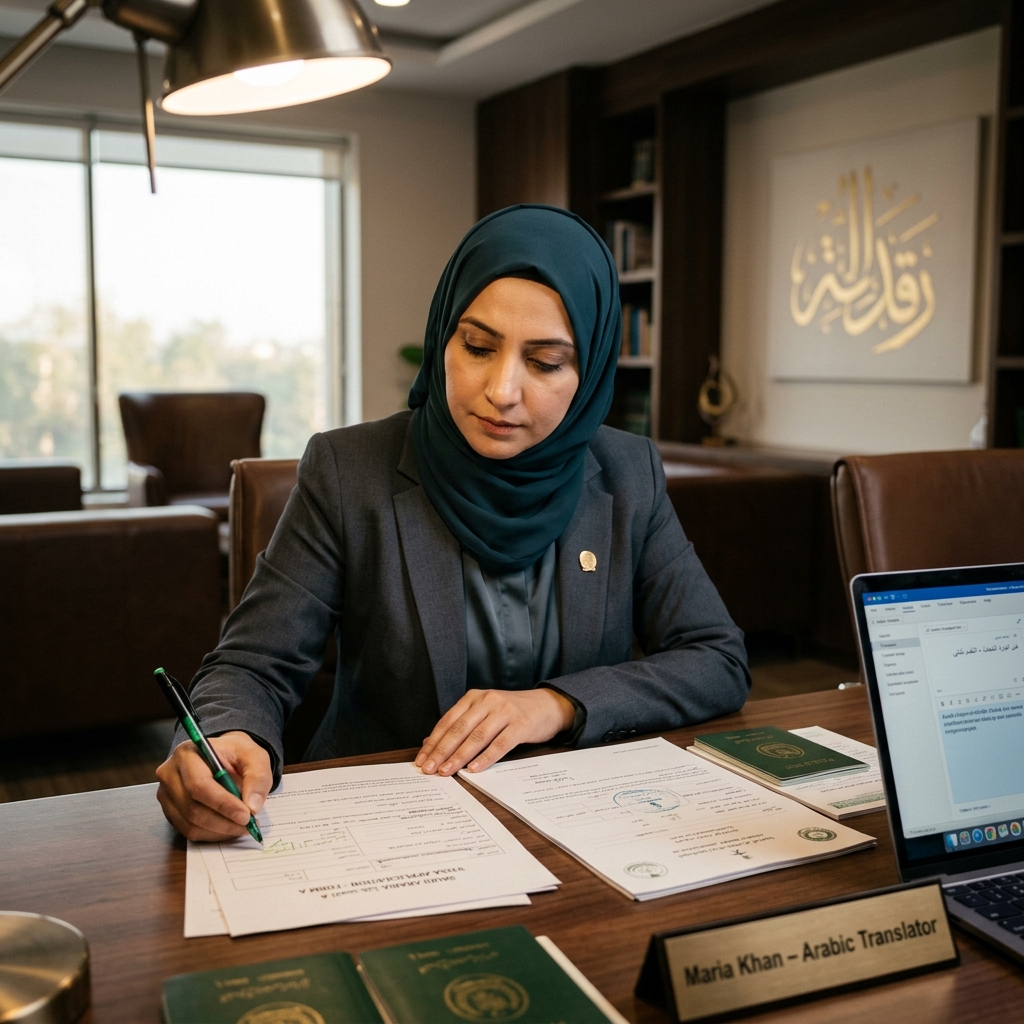 Human Arabic translator reviewing Saudi visa paperwork