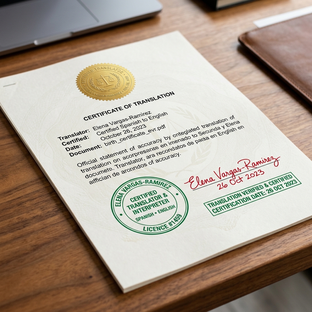 Certified translated documents with stamps and signatures