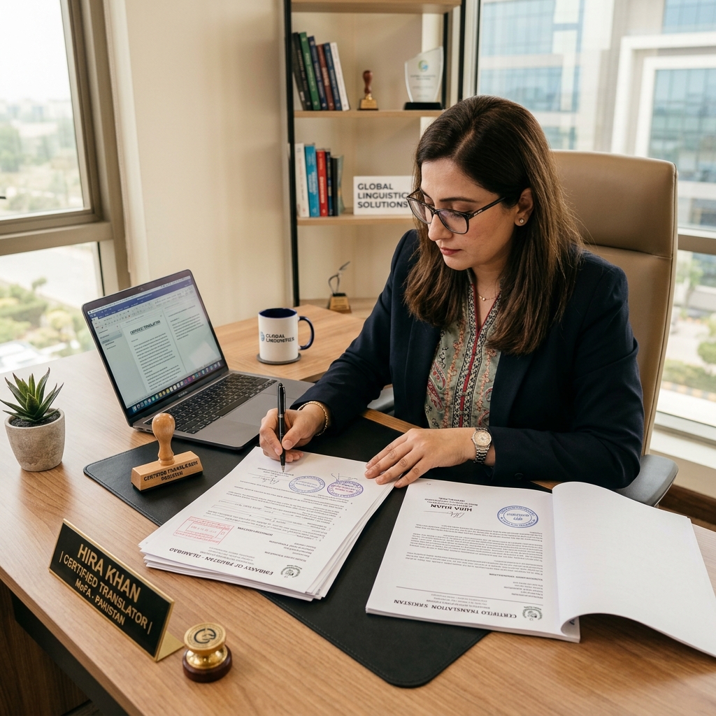 Professional translator reviewing embassy documents