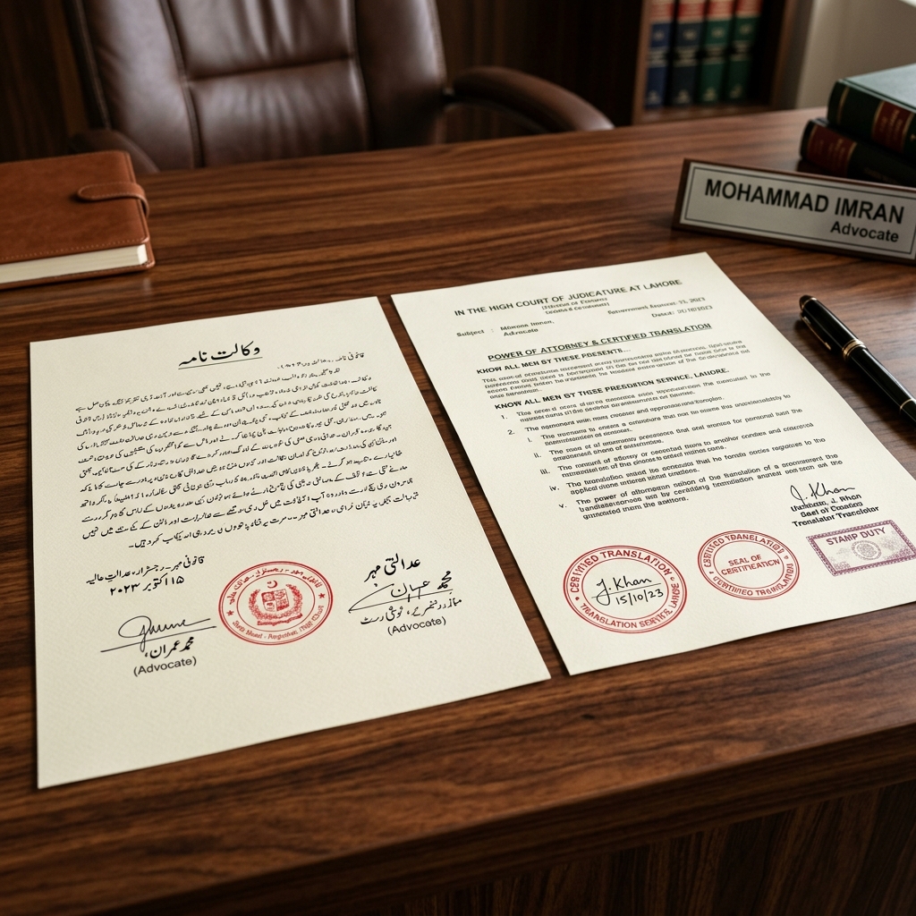 Urdu legal document beside certified English translation