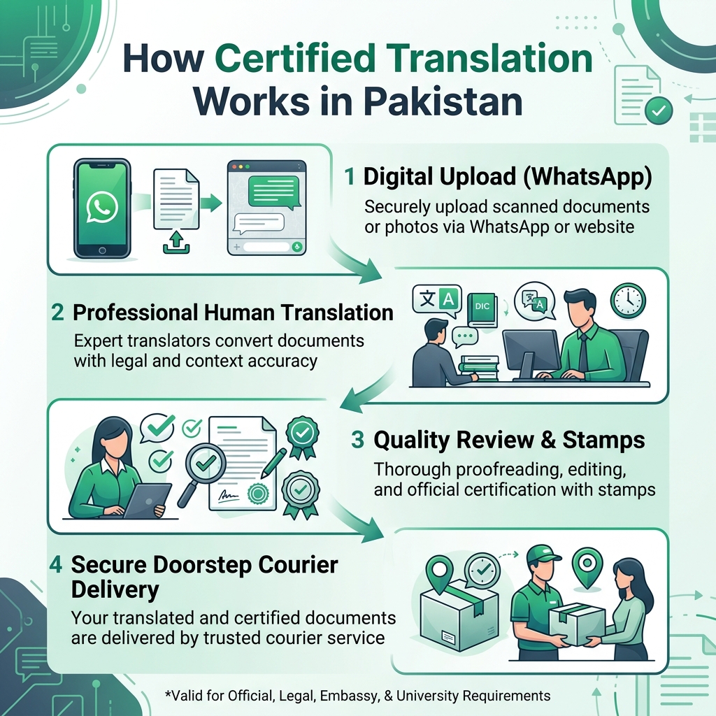 Infographic on how certified translation works in Pakistan
