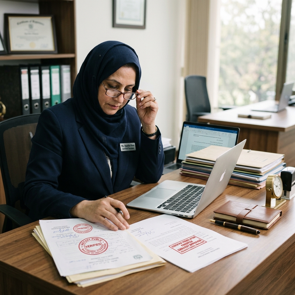 Translator working on documents with stamps