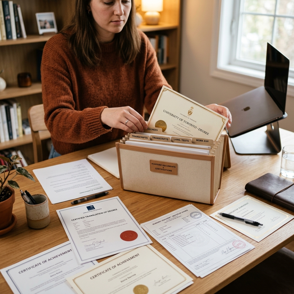 Student organizing translated academic records