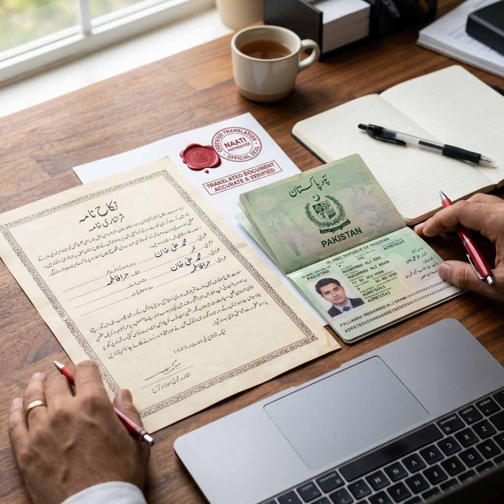 Translator reviewing Nikah Nama and passport documents